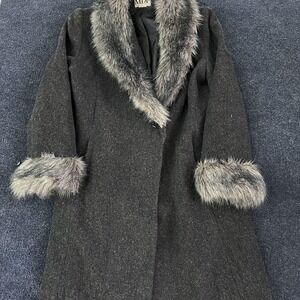 Vintage Mario De Pinto Coat Womens Medium Gray Wool Fur Trim Long Overcoat USA